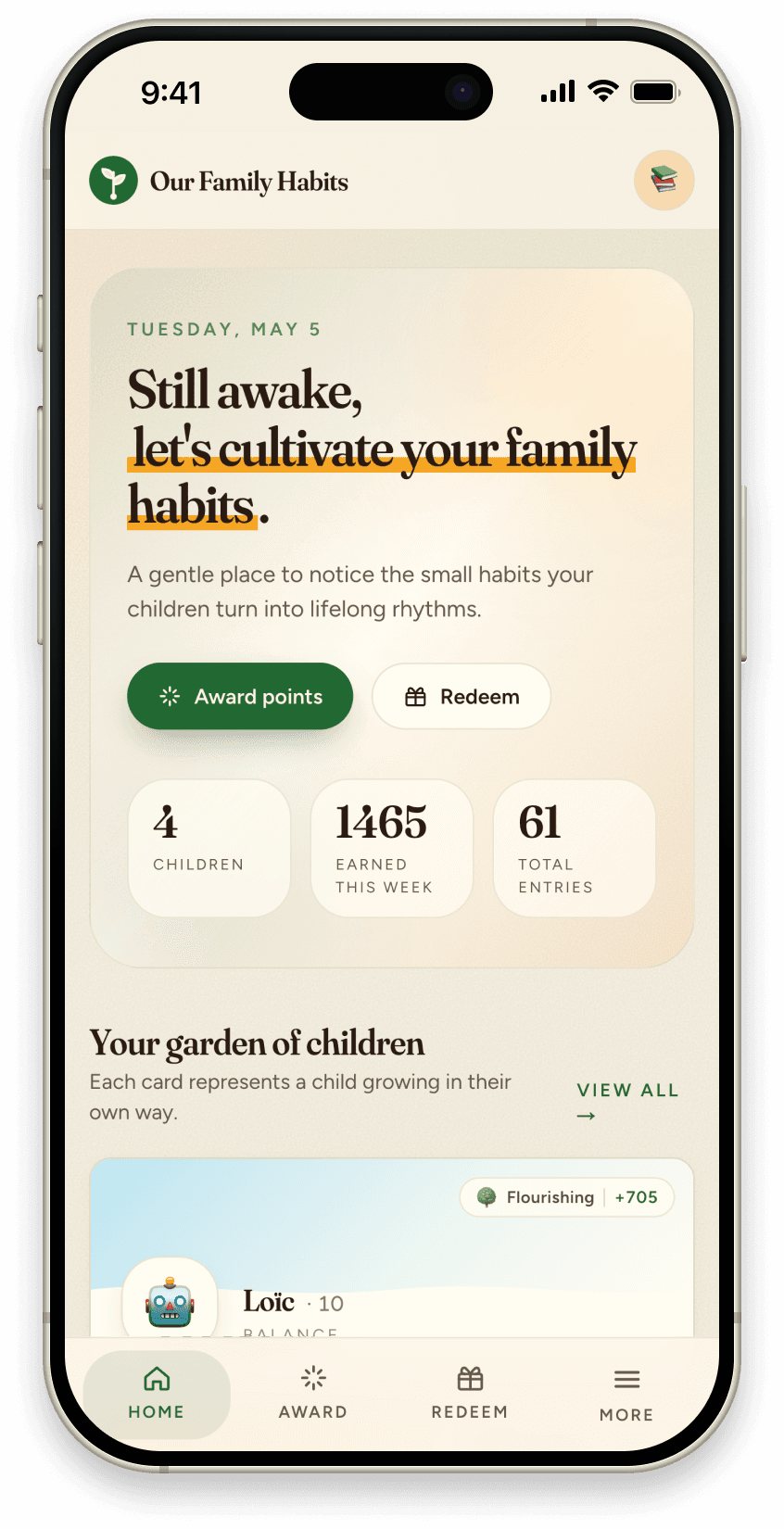 Our Family Habits app on iPhone, showing the parent dashboard with children and today's habits.